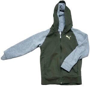 Puma Jacket Kids Size 6 Green Grey Hooded Fleece Lined Full Zip